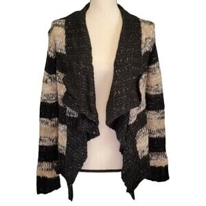 Striped Waterfall Cardigan Sweater Womens Sz S Brown Black‎ Metallic Boho Draped